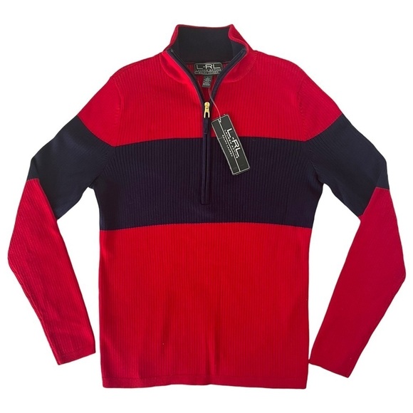 Lauren Ralph Lauren Active Rugby Preppy Old Money Sweater Red Blue Stripe Mock - Picture 5 of 6